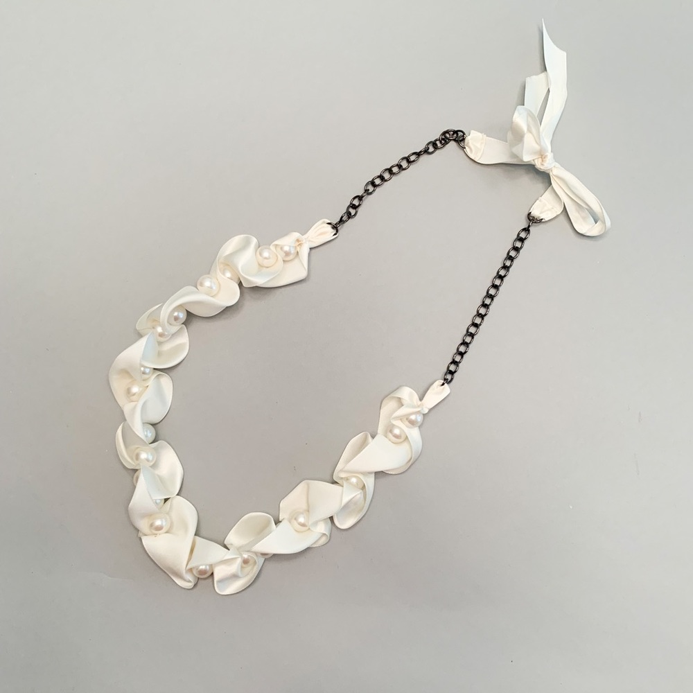 Maurice’s Womens Pearl and Ribbon Necklace with Gun Metal Chain (One Size)